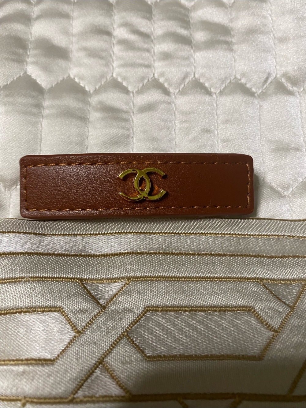 ChaneI Brown Leather Barrette With Gold- Tone CC Logo Timeless Elegance